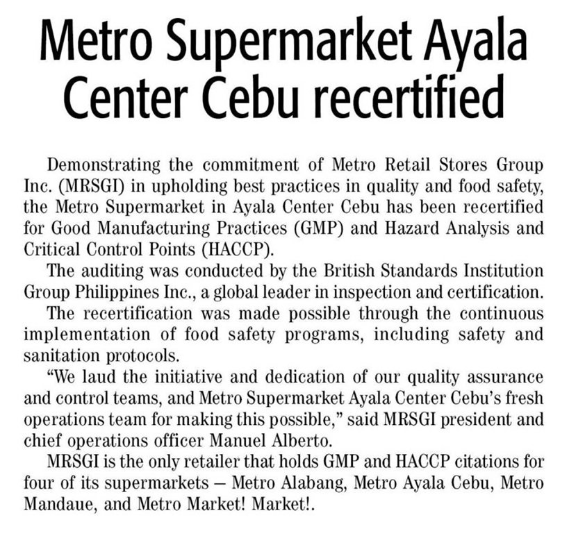 April 9 2021 Metro Supermarket Ayala Center Cebu recertified The Daily Tribune