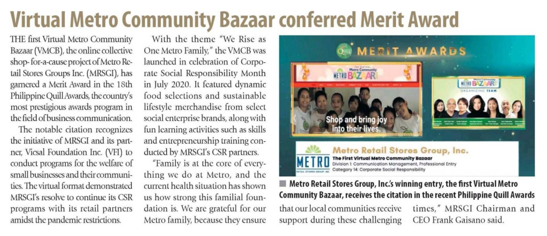 April 9 2021 Virtual Metro Community Bazaar conferred Merit Award Manila Times