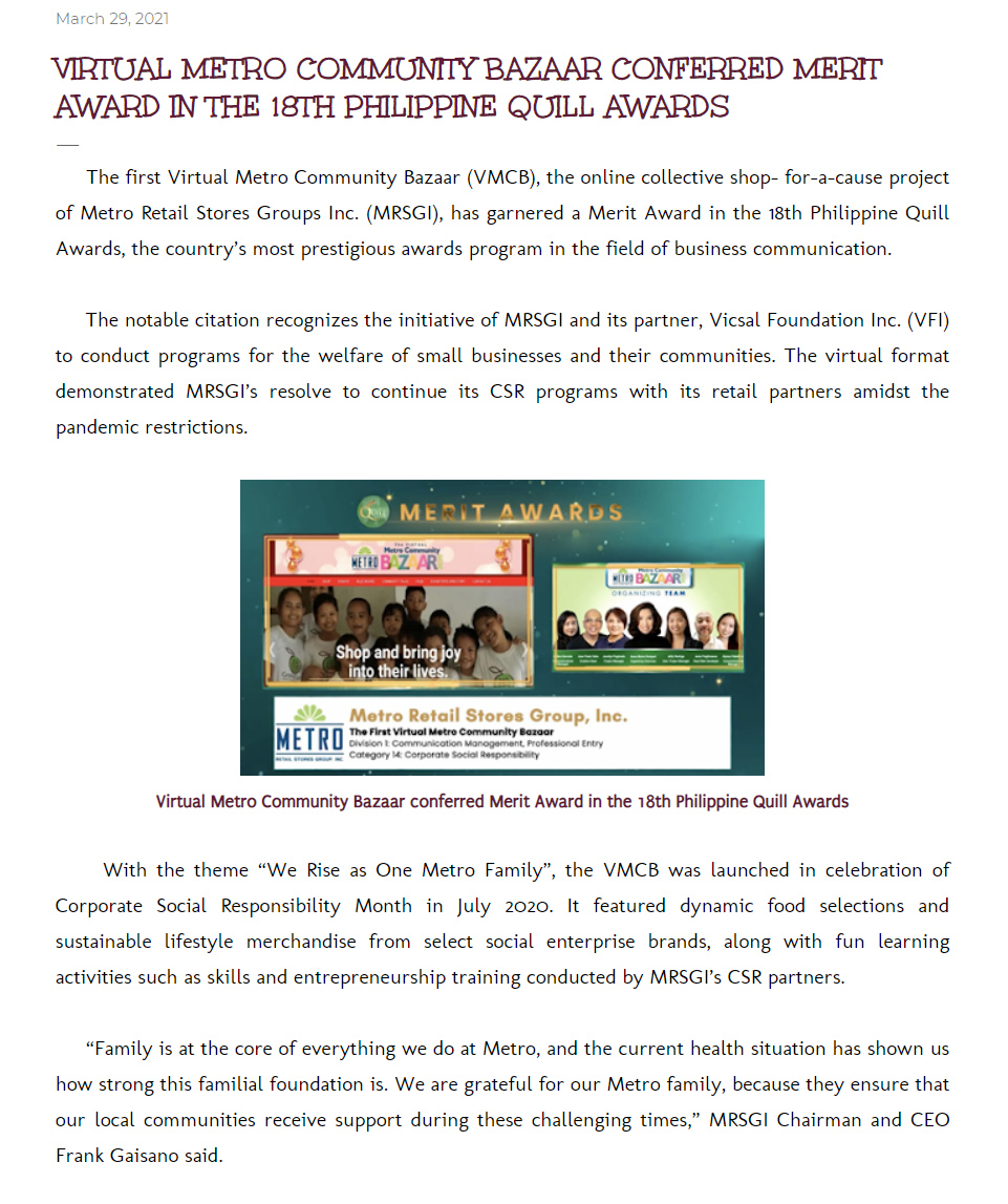 March 29 2021 Virtual Metro Community Bazaar conferred Merit Award in the 18th Philippine Quill Awards lifestylebulletinph.info