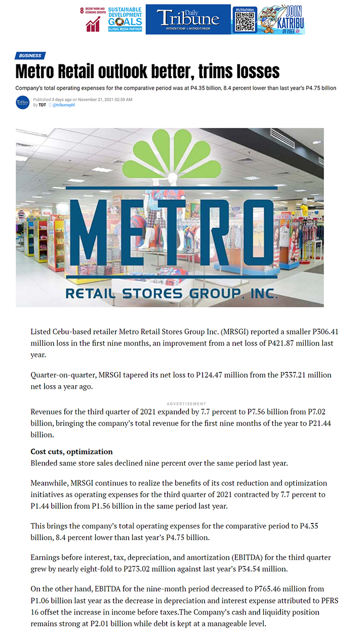 Nov 21 Metro Retail outlook better trims losses Philippines Daily Tribunewww.tribune.net.ph