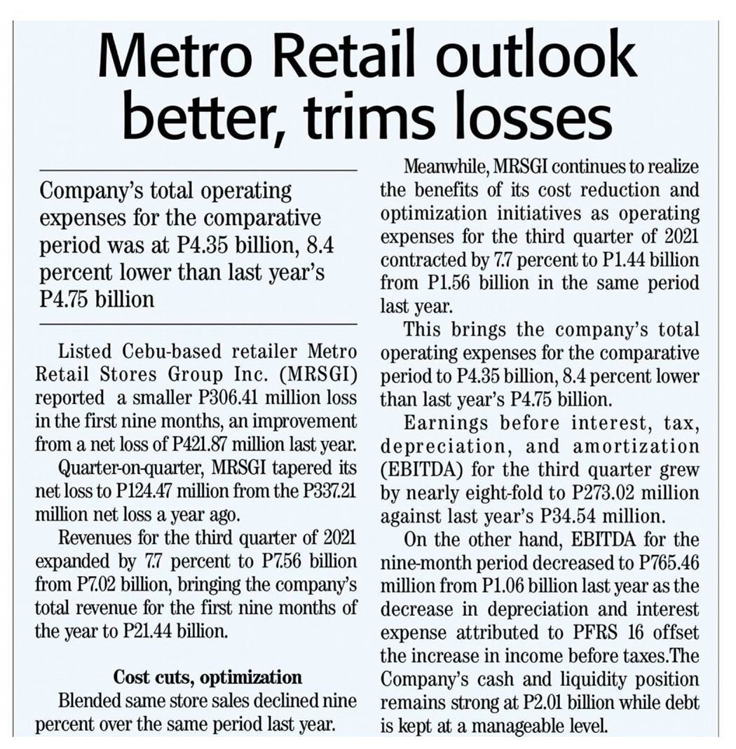 Nov 21 Metro Retail outlook better trims losses The Daily Tribune