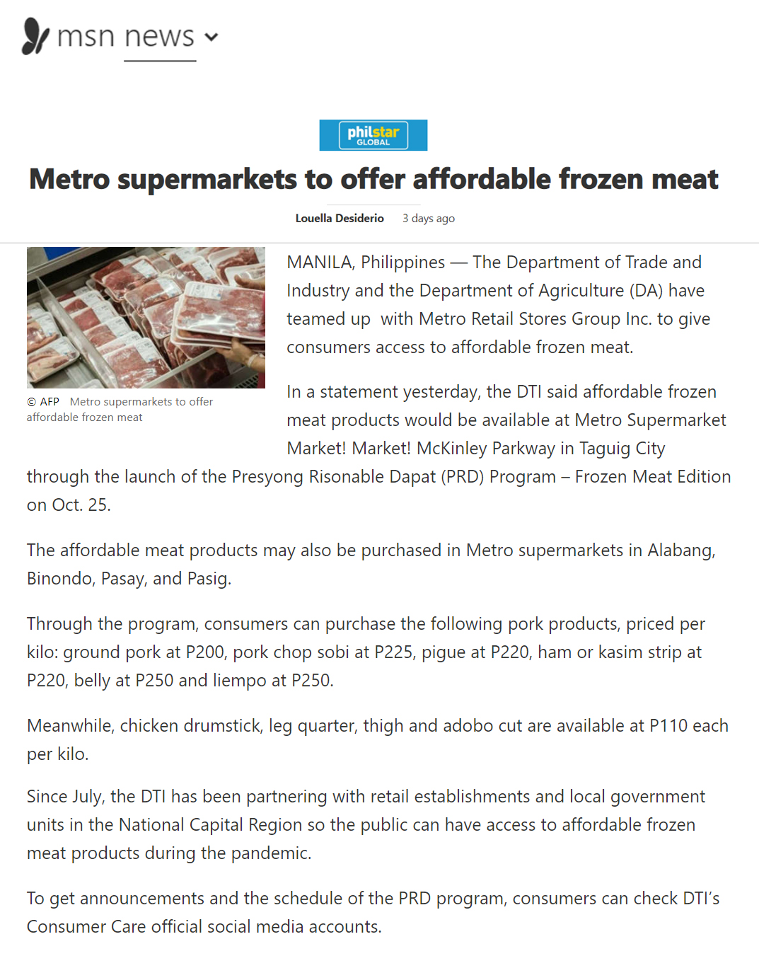 Oct 23 Metro supermarkets to offer affordable frozen meat MSN Philippines