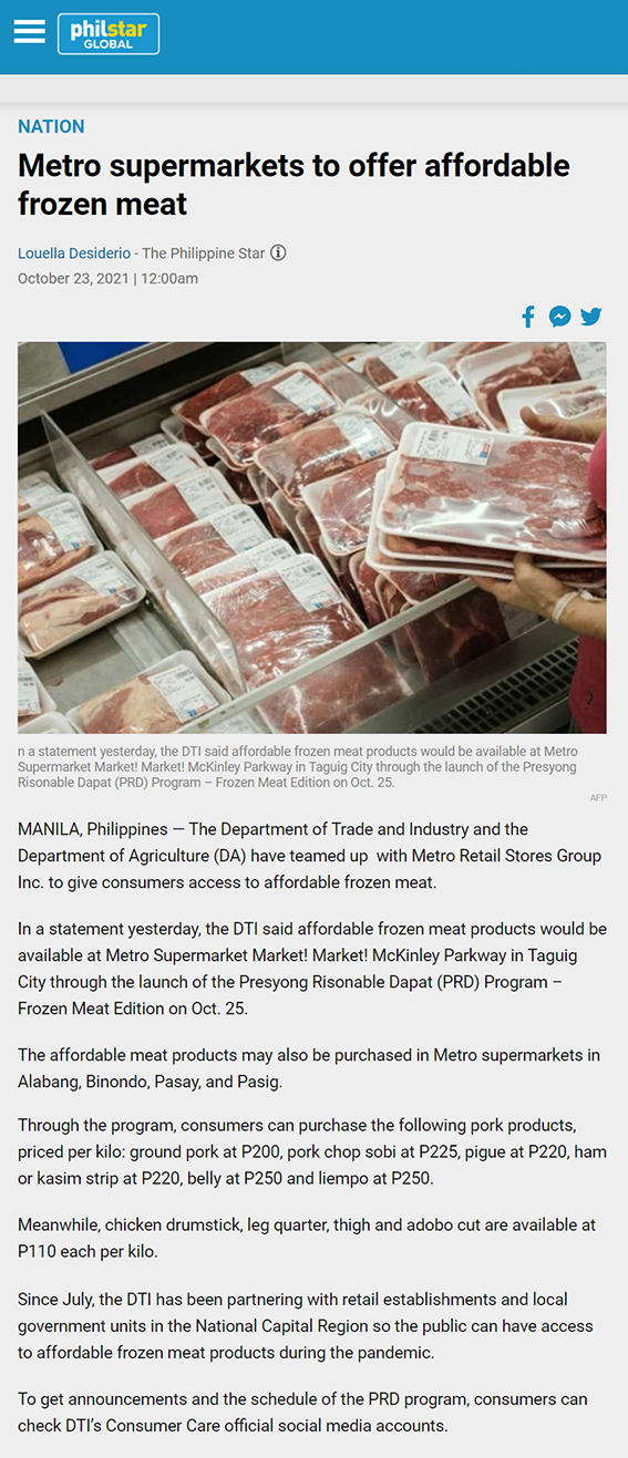 Oct 23 Metro supermarkets to offer affordable frozen meat Philippine Star