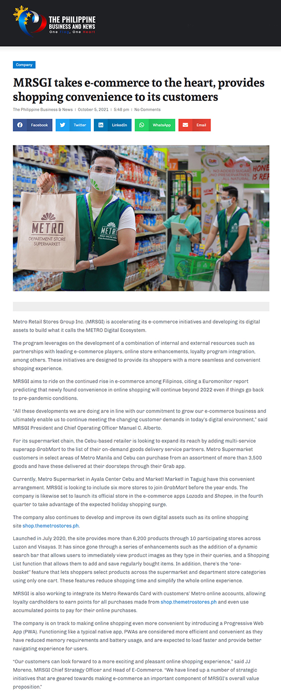 Oct 5 MRSGI takes e commerce to the heart provides shopping convenience to its customers The Philippine Business and News