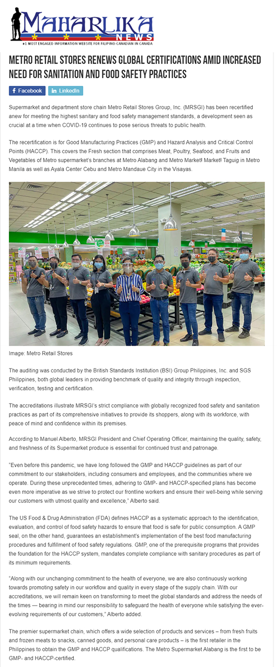 Oct 7 Metro Retail Stores renews global certifications amid increased need for sanitation and food safety practices Maharlika News