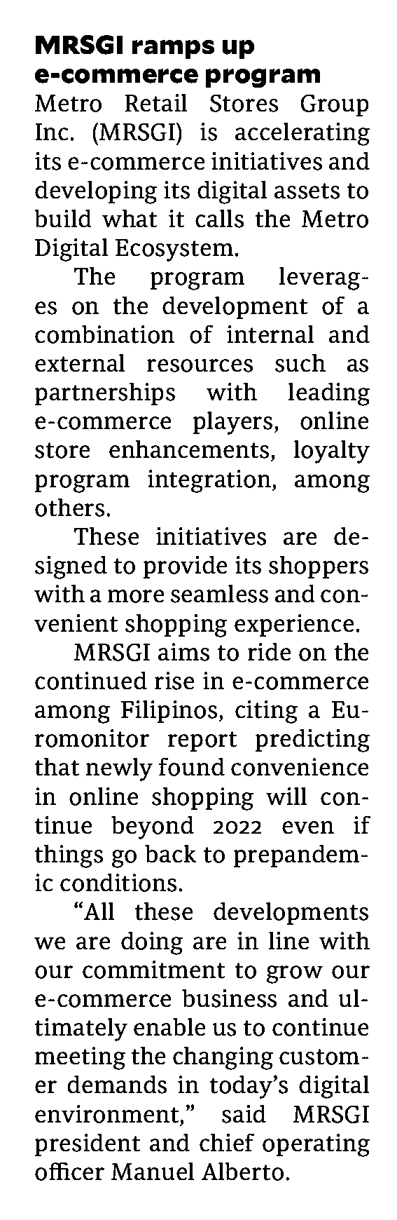 Sept 27 MRSGI ramps up e commerce program Philippine Daily Inquirer