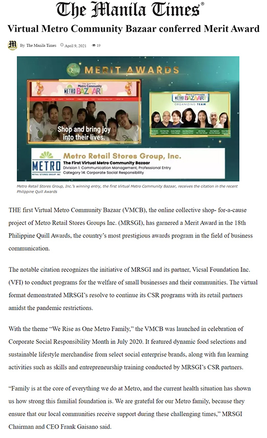 Virtual Metro Community Bazaar conferred Merit Award Manila Times manilatimes.net
