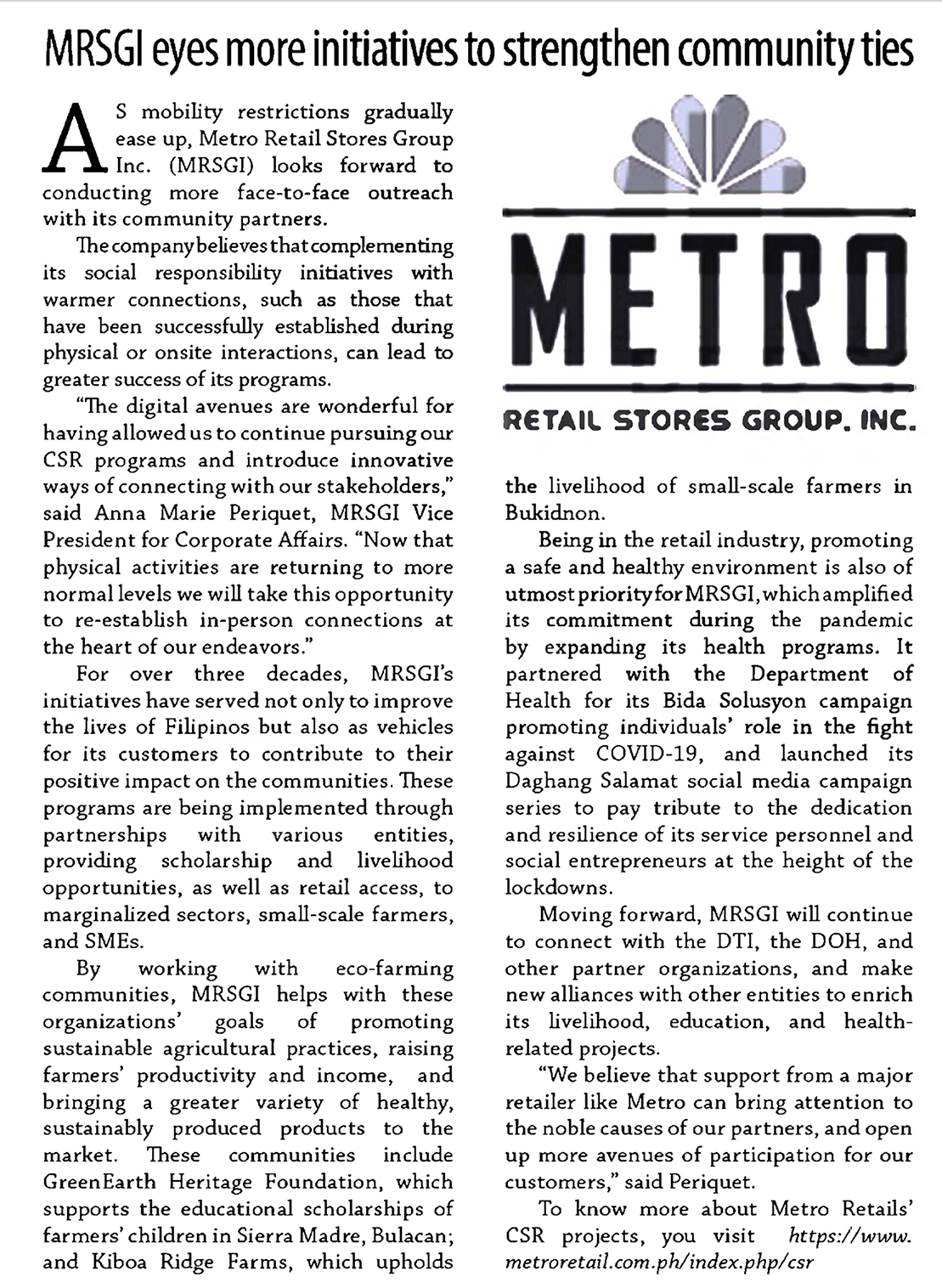 Feb 23 2022 MRSGI eyes more initiatives to sthrengthen community ties Business Mirror