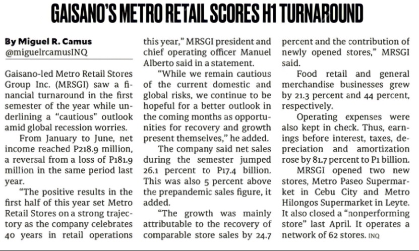 GAISANOS METRO RETAIL SCORES H1 TURNAROUND 1 Philippine Daily Inquirer