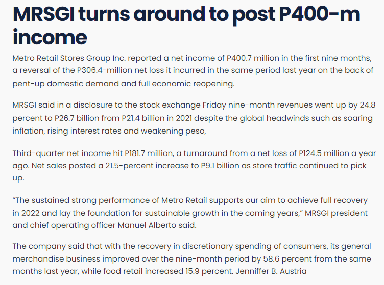 MRSGI turns around to post P400 m income Manila Standard