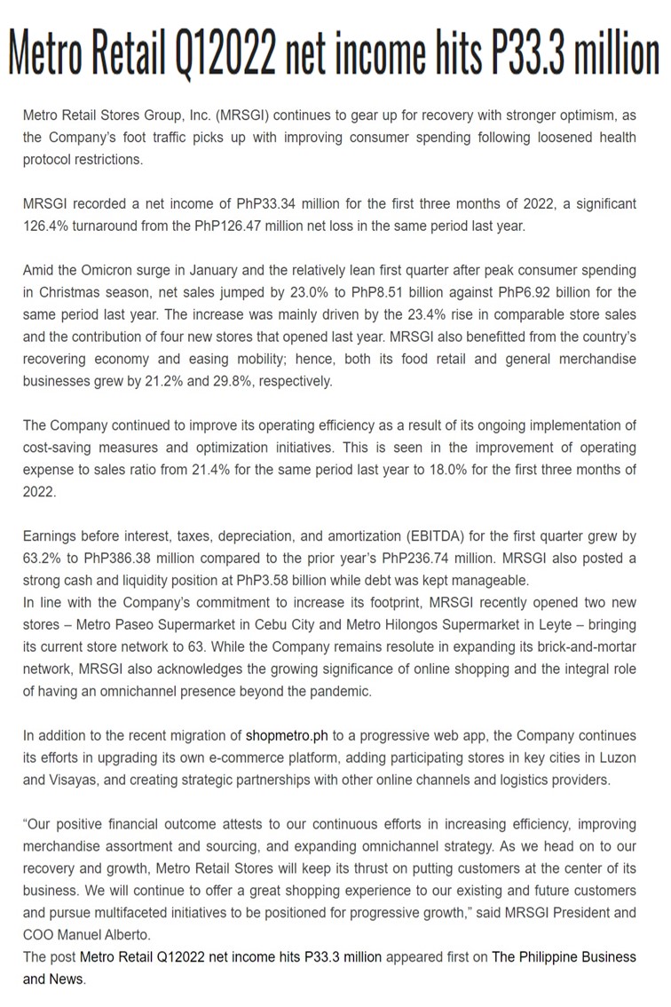 Metro Retail Q12022 net income hits P33.3 million Manila Viral Ph