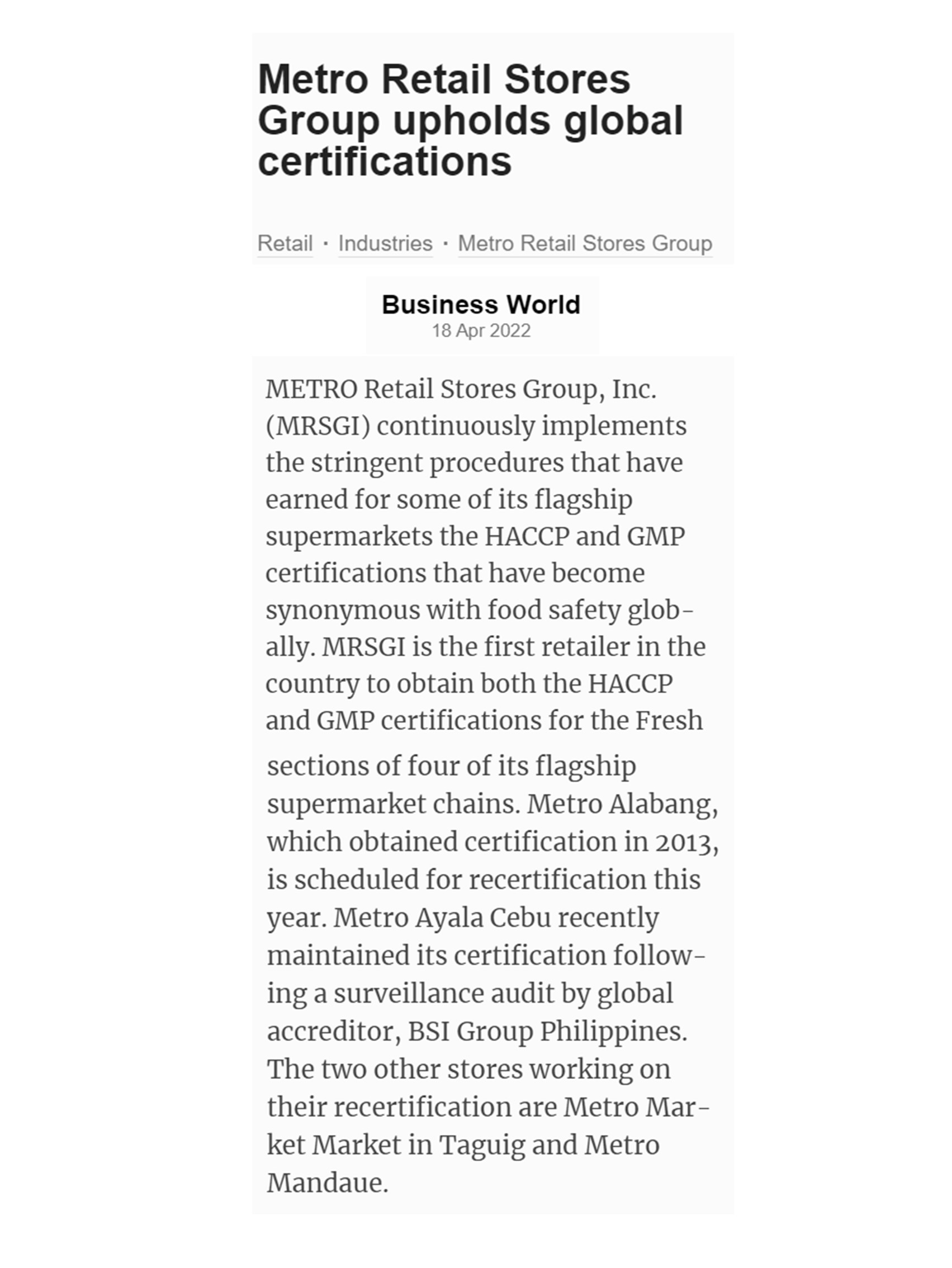 Metro Retail Stores Group upholds global certifications BusinessWorld