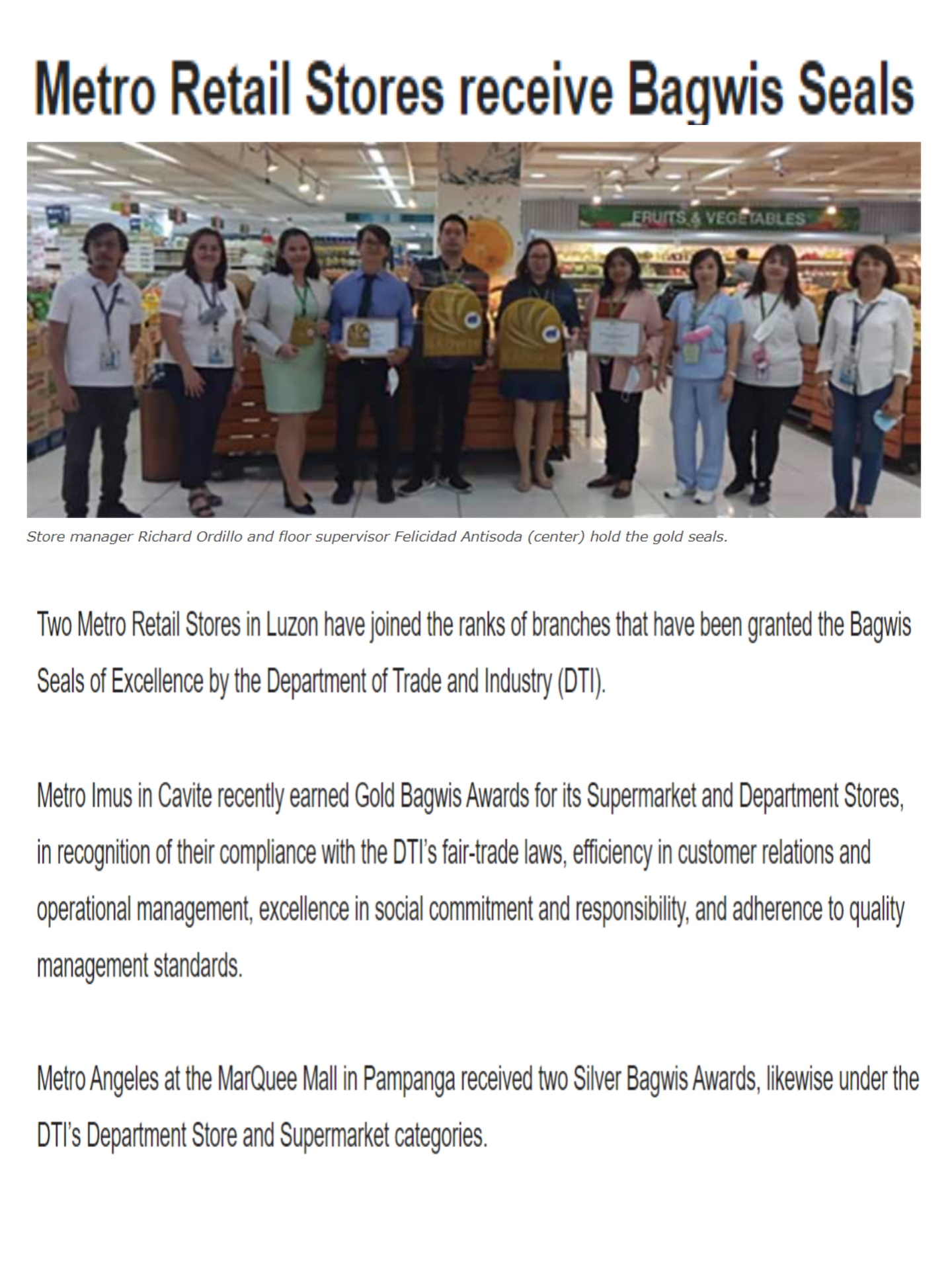 Metro Retail Stores receive Bagwis Seals Malaya Business Insight