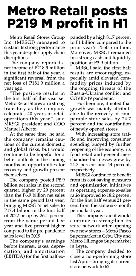 Metro Retail posts P219 M profit in H1 Philippine Star