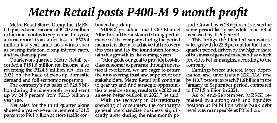 Metro Retail posts P400 M 9 month profit Philippine Star