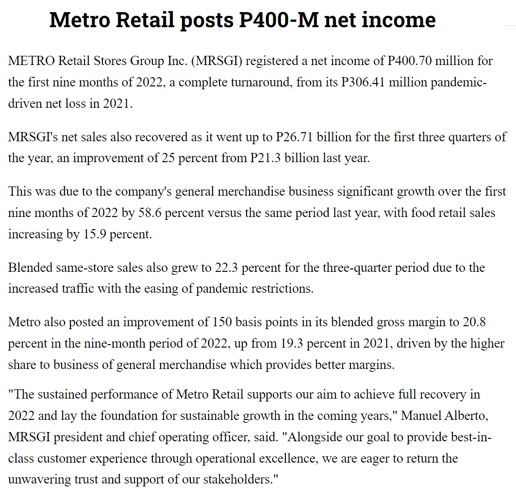 Metro Retail posts P400 M net income The Manila Times manilatimes.net