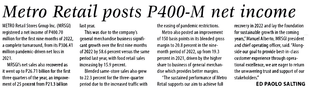Metro Retail posts P400 M net income print