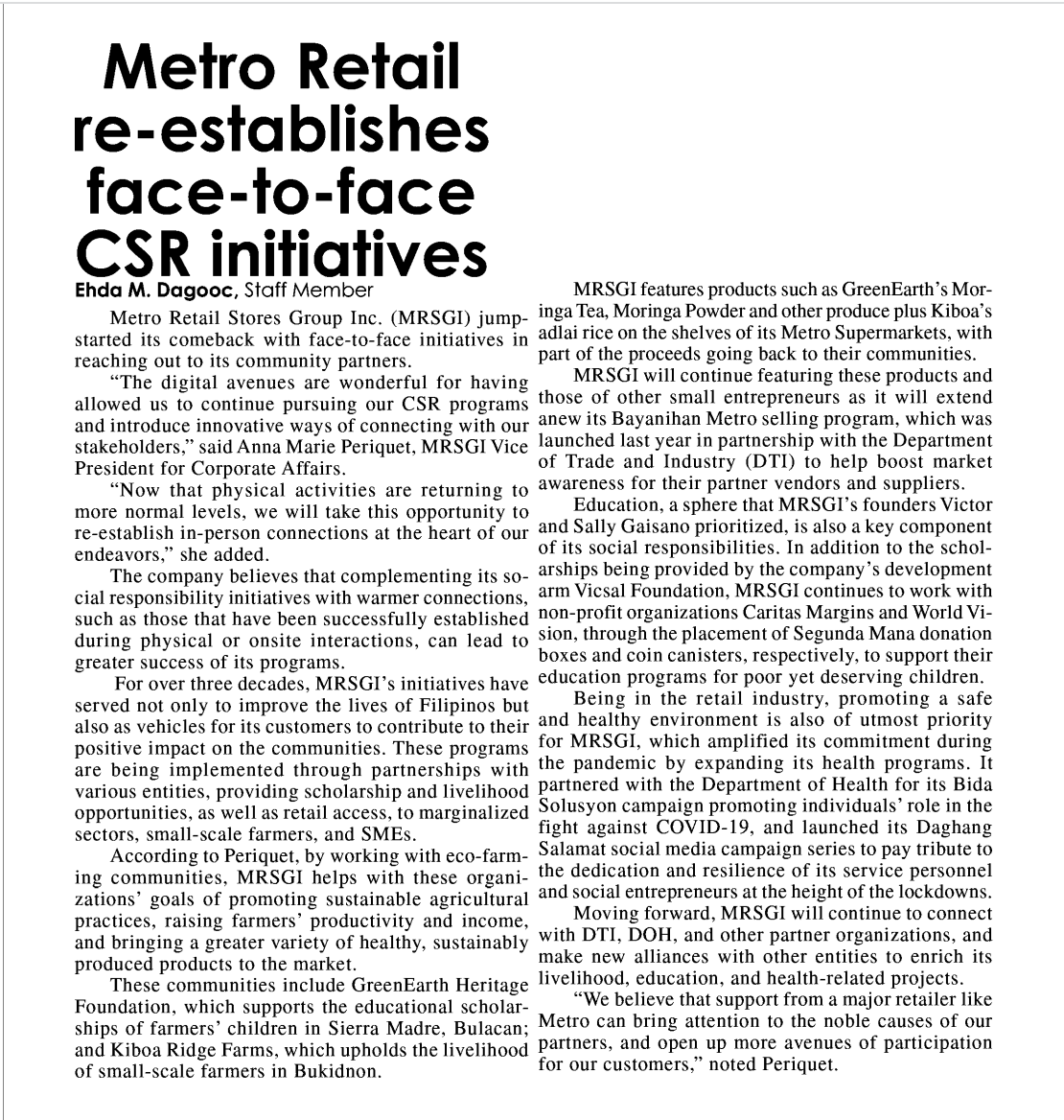 Metro Retail re establishes face to face CSR initiatives The Freeman