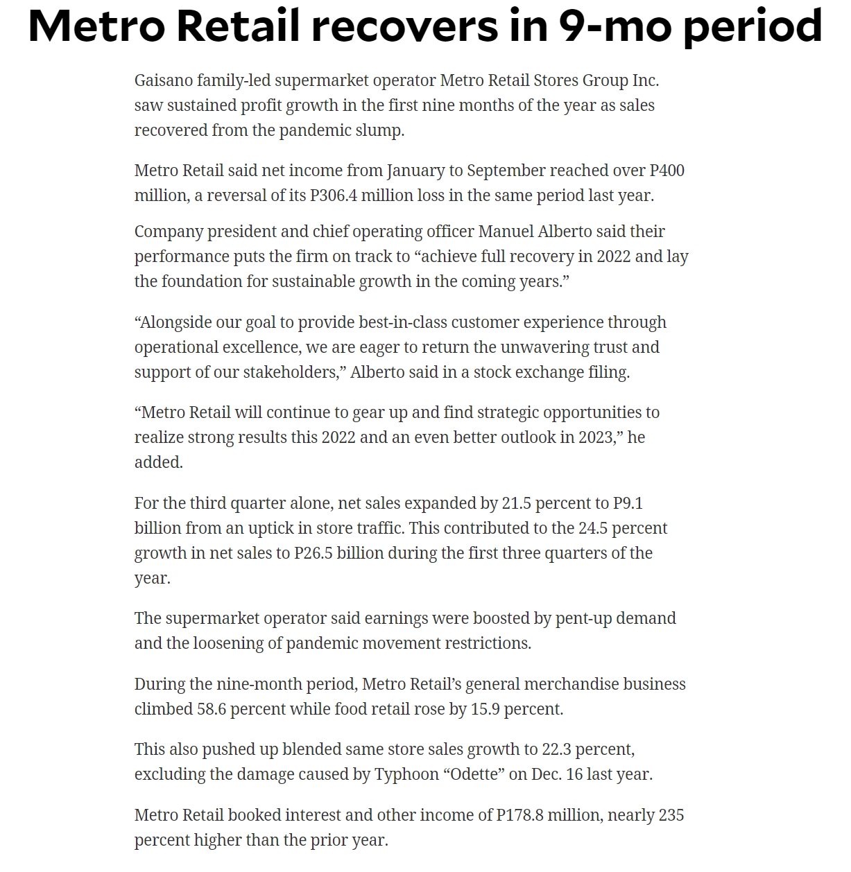 Metro Retail recovers in 9 mo period