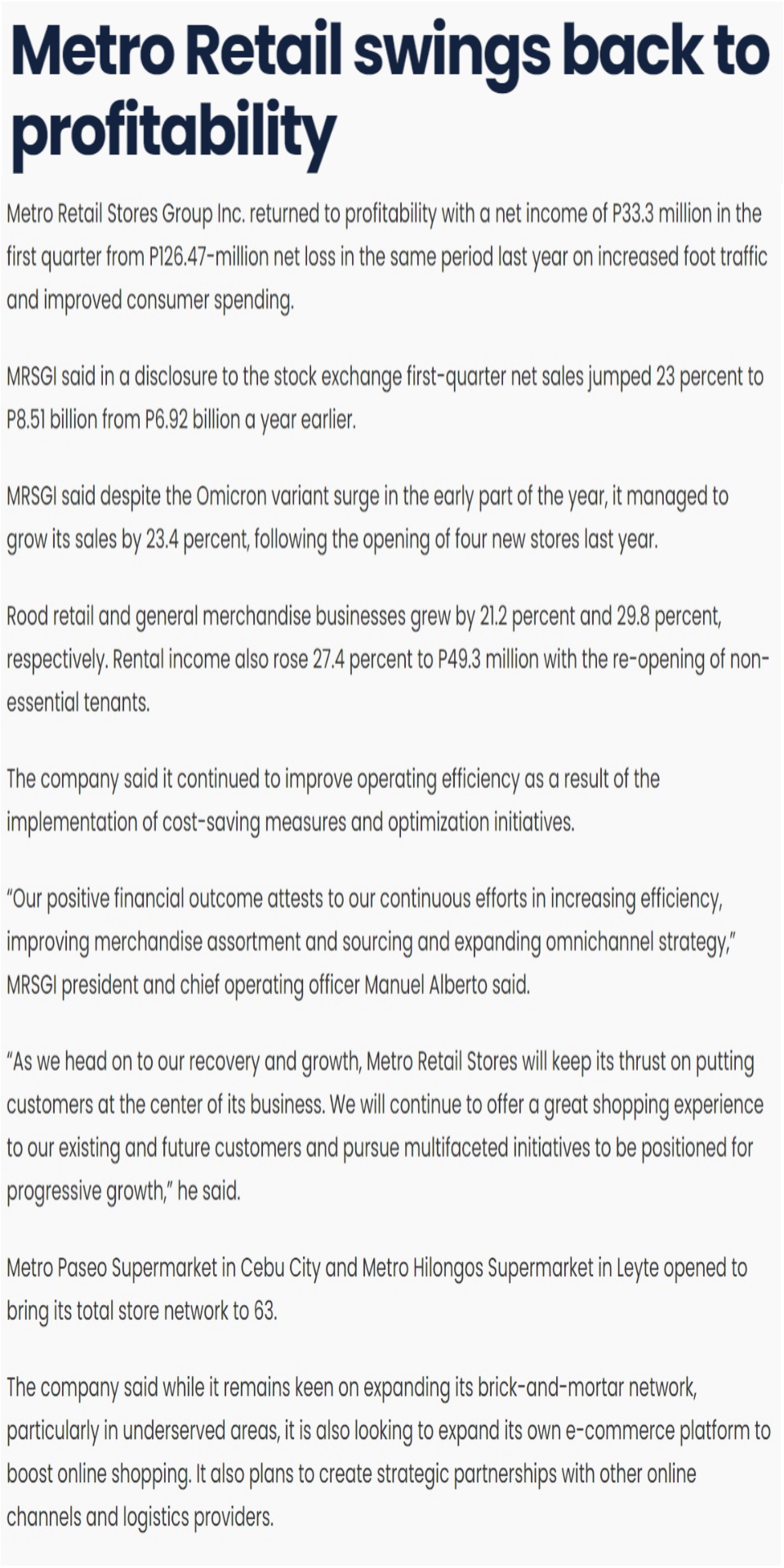 Metro Retail swings back to profitability Manila Standard