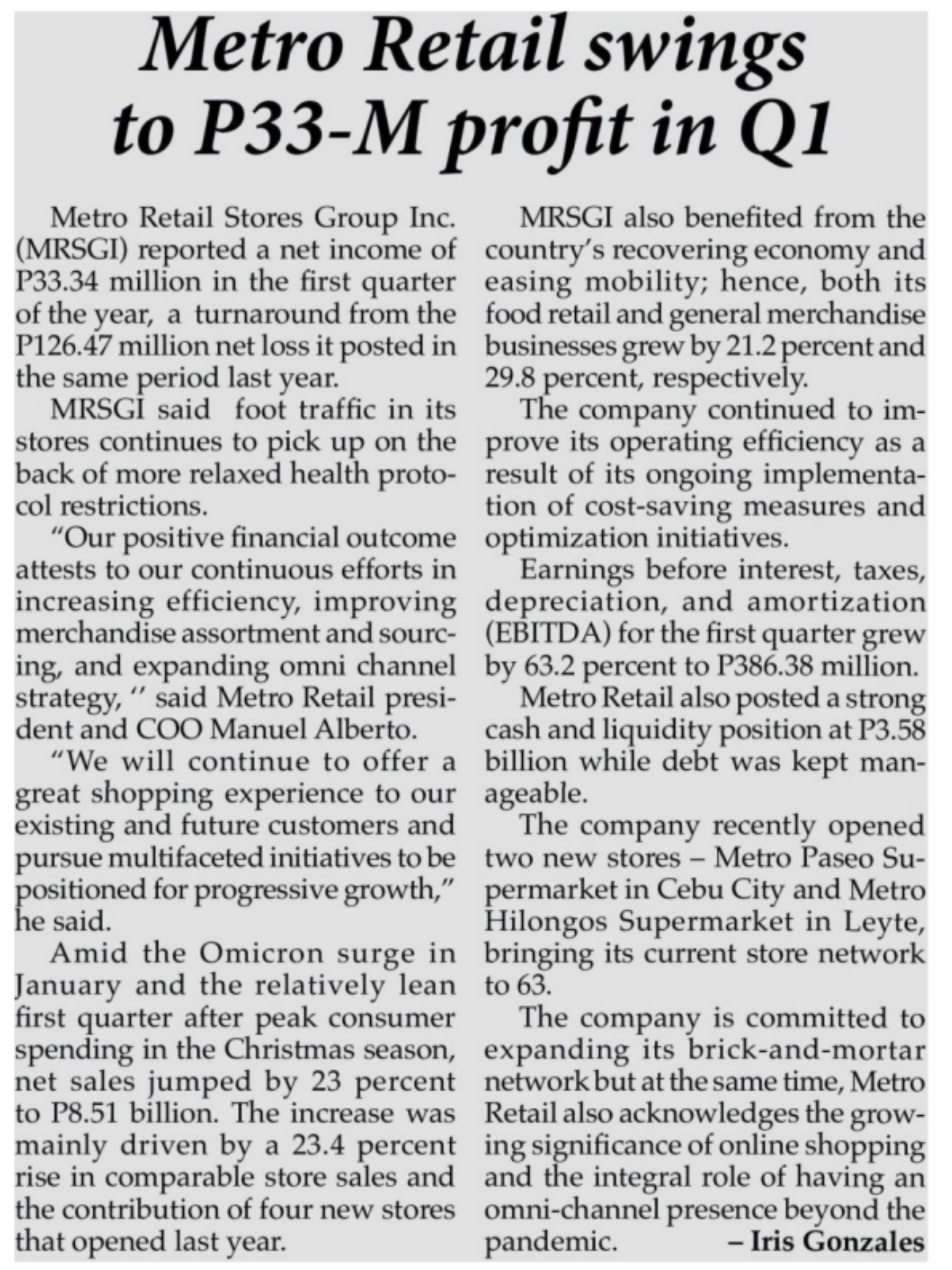 Metro Retail swings to P33 M profit in Q1 The Philippine Star Sunday