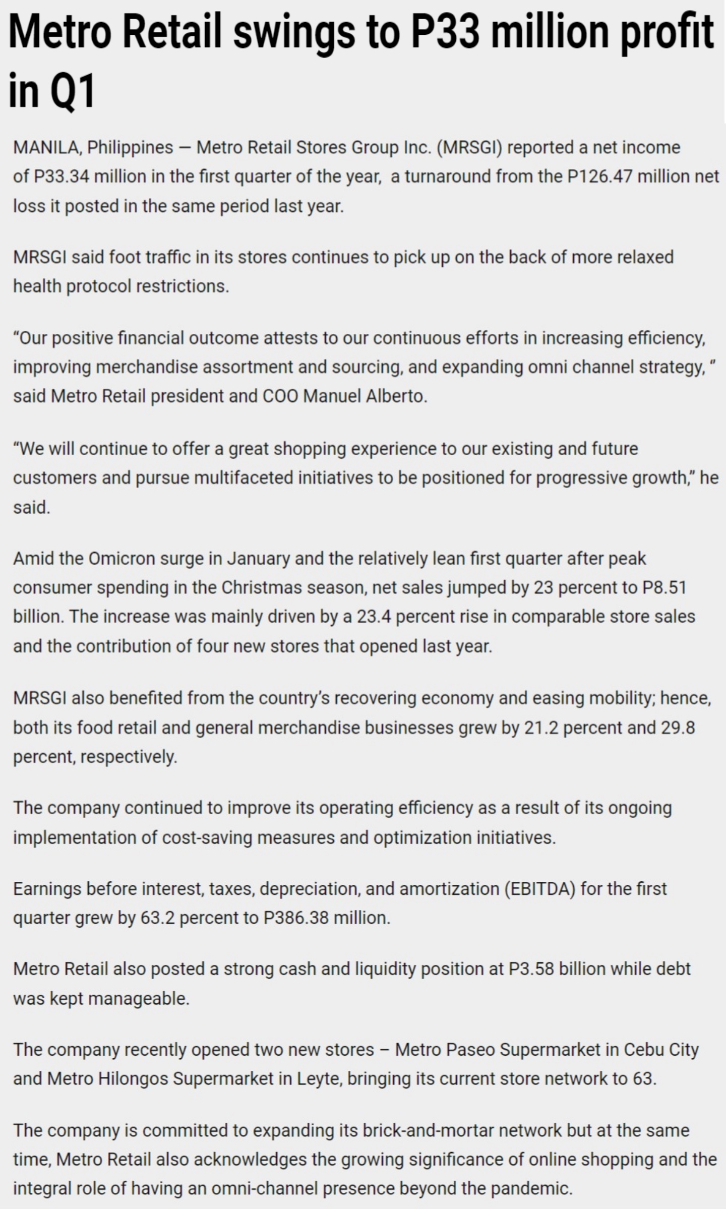 Metro Retail swings to P33 million profit in Q1 Philippine Star