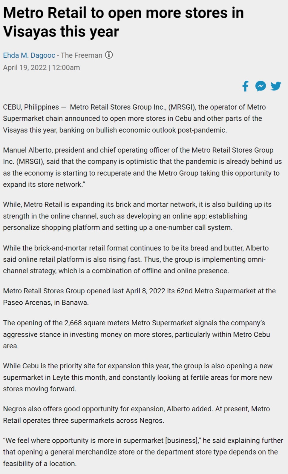 Metro Retail to open more stores in Visayas this year. The Freeman