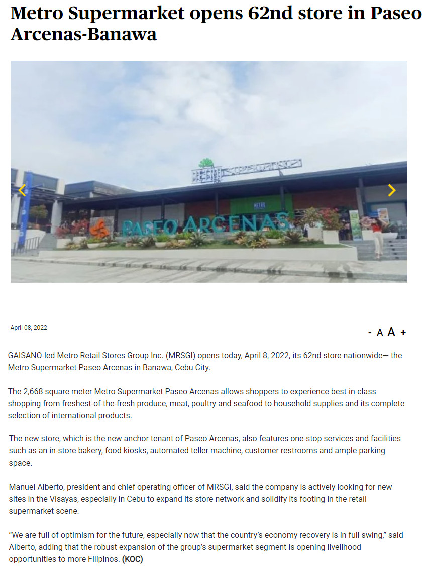 Metro Supermarket opens 62nd store in Paseo Arcenas Banawa SunStar