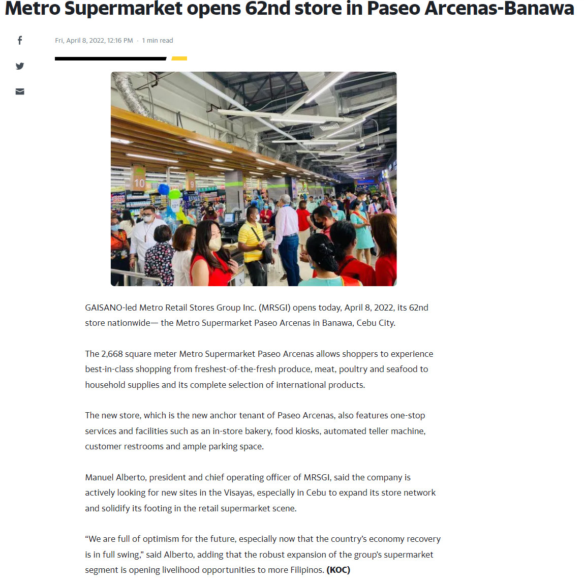 Metro Supermarket opens 62nd store in Paseo Arcenas Banawa Yahoo News