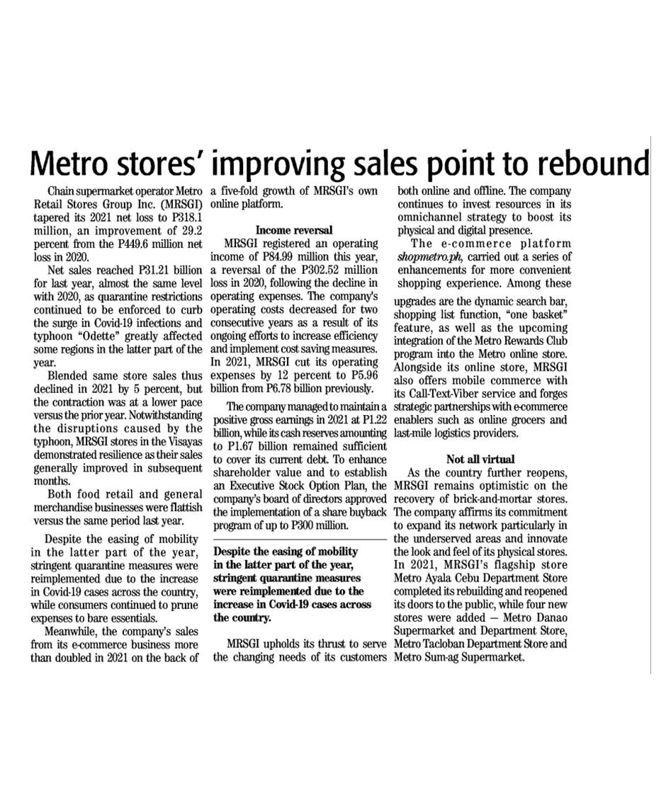 Metro stores improving sales point to rebound The Daily Tribune