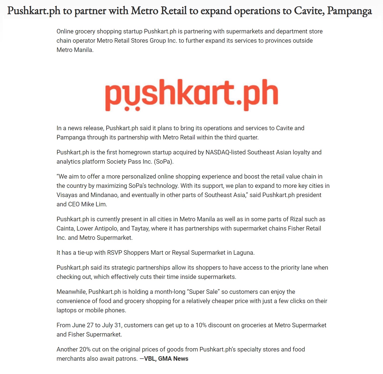 Pushkart.ph to partner with Metro Retail to expand operations to Cavite Pampanga MSN Philippines
