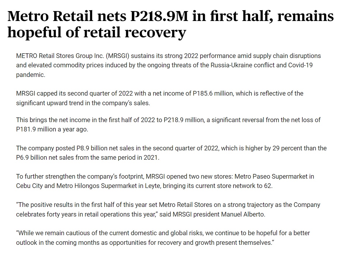 Sun Star Metro Retail nets P218.9M in first half remains hopeful of retail recovery