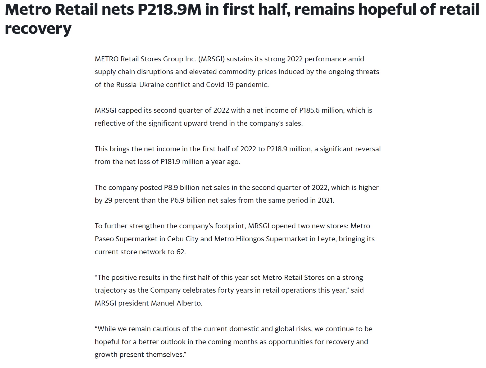 Yahoo News Metro Retail nets P218.9M in first half remains hopeful of retail recovery